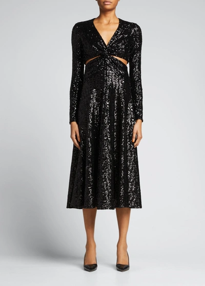 Shop Michael Kors Twist Cutout Recycled Sequin Midi Dress In Black