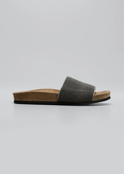 Shop Brunello Cucinelli Monili Band Flat Pool Sandals In Ultrablack