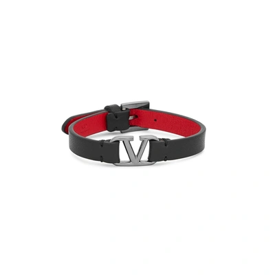 Shop Valentino Garavani Vlogo Leather Bracelet In Black