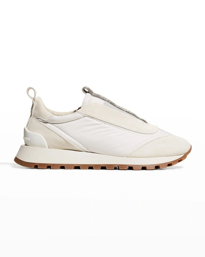Shop Brunello Cucinelli Mixed Leather Slip-on Runner Sneakers In White