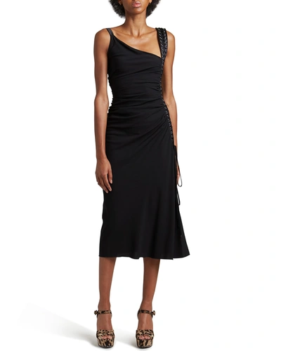 Shop Dolce & Gabbana Asymmetric-neck Lace-up Midi Dress In Black
