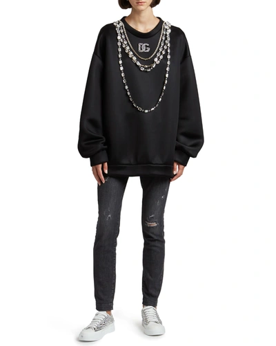 Shop Dolce & Gabbana Oversized Sweatshirt W/ Application Necklaces In Black