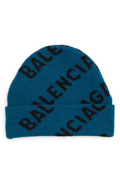 Shop Balenciaga Logo Jacquard Wool Blend Beanie In Petrol Blue/ Black
