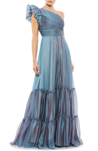 Shop Mac Duggal Ruffle One-shoulder Chiffon A-line Gown In Fusion Blue
