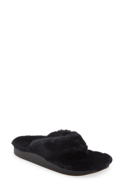 Shop Olukai Kipea Heu Genuine Shearling Slide Sandal In Black/ Black