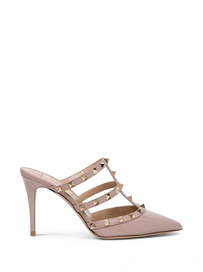 Shop Valentino Rockstud Pink Leather Mules In Beige