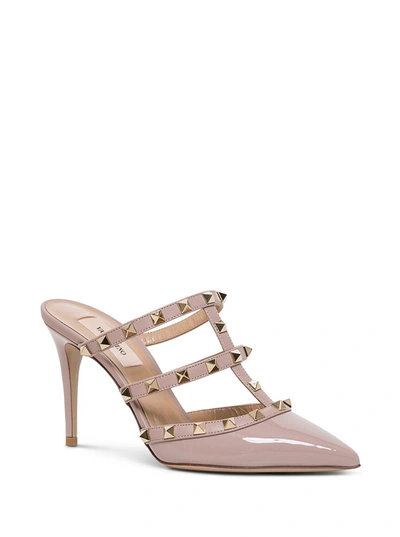 Shop Valentino Rockstud Pink Leather Mules In Beige