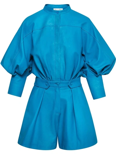 Shop Oscar De La Renta Puff-sleeve Leather Playsuit In Blau