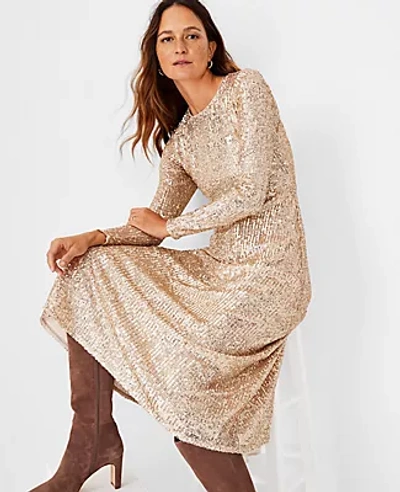 Shop Ann Taylor Petite Sequin Midi Flare Dress In Rose Gold