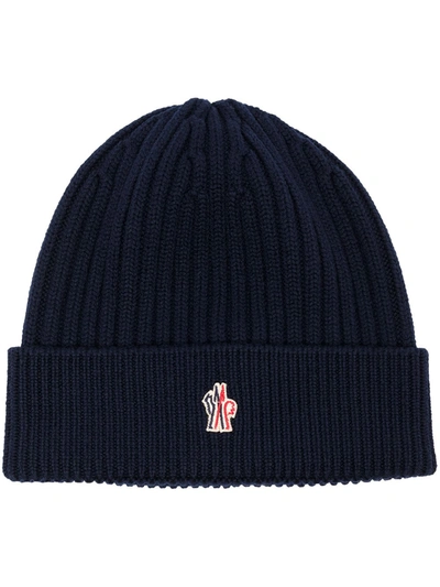Shop Moncler Logo Patch Ribbed Beanie In Blue