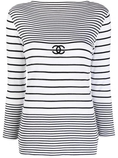 CHANEL Pre-Owned 1990s CC Logo Print Striped T-Shirt - White for Women