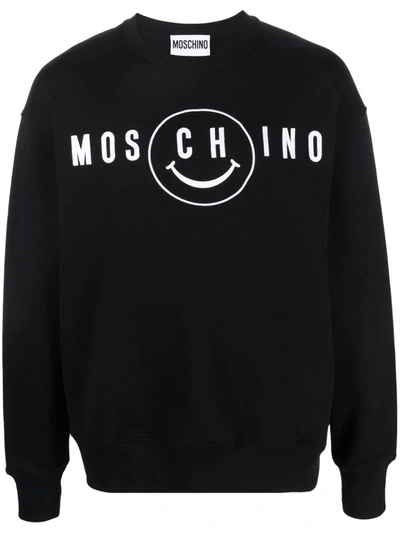 Shop Moschino Smiley Embroidered Cotton Sweatshirt In Black