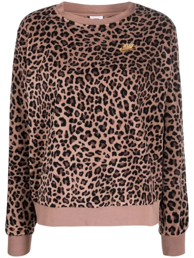 Nike Animal Print Crew Neck Fleece Sweatshirt In Brown | ModeSens