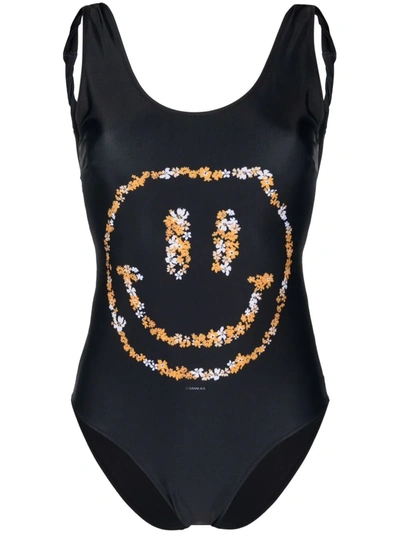 Shop Ganni Smiley-print One-piece Swimsuit In Black