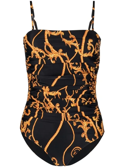 Shop Ganni Baroque-print One-piece Swimsuit In Black