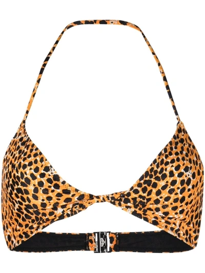 Shop Ganni Animal-print Halterneck Bikini Top In Neutrals