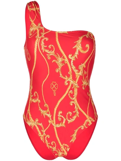 Ganni Red Baroque-print One-shoulder Swimsuit In Red