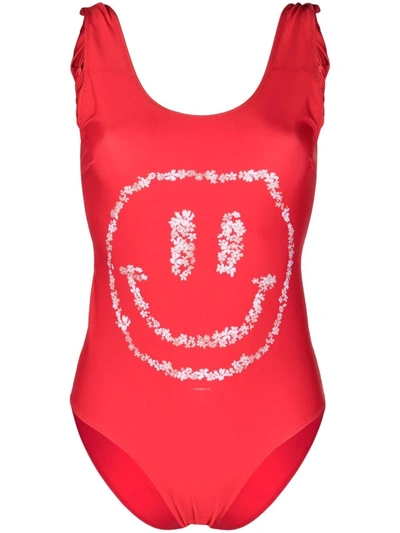 Shop Ganni Smiley One-piece Swimsuit In Red