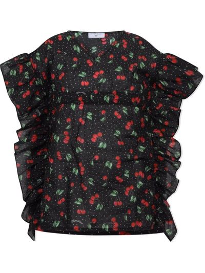 Monnalisa Cherries-print Sleeveless Blouse In Black