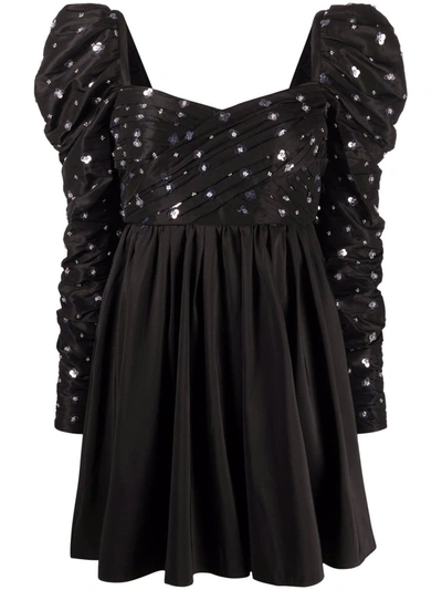 Shop Self-portrait Puff-shoulder Sequined Mini Dress In Black