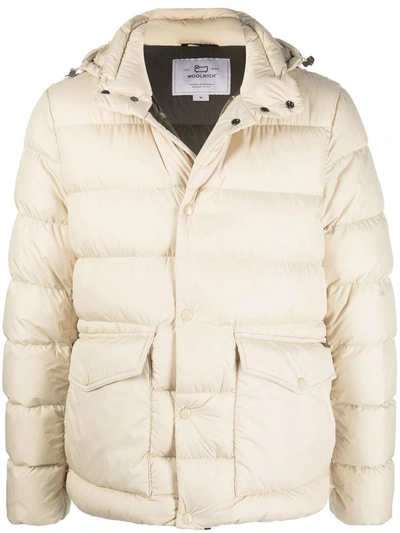 Shop Woolrich Feather-down Hooded Puffer Jacket In Neutrals