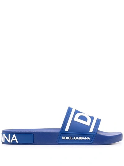 Shop Dolce & Gabbana Embossed-logo Slides In Blue