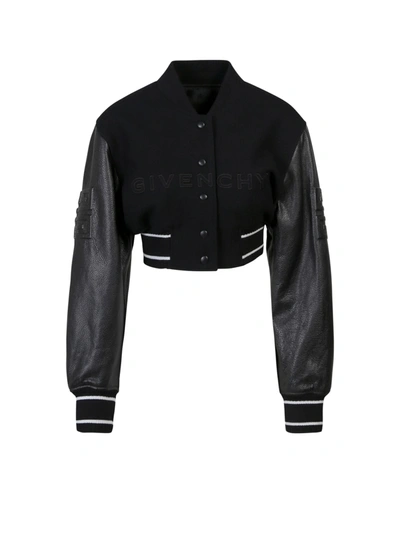 Givenchy Leather Sleeve Logo Crop Varsity Jacket worn by Diana