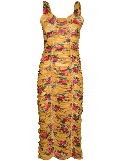 Shop Molly Goddard Severine Ruched Floral-print Dress In Yellow