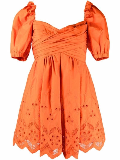 Shop Self-portrait Puff-sleeve Broderie Mini Dress In Orange
