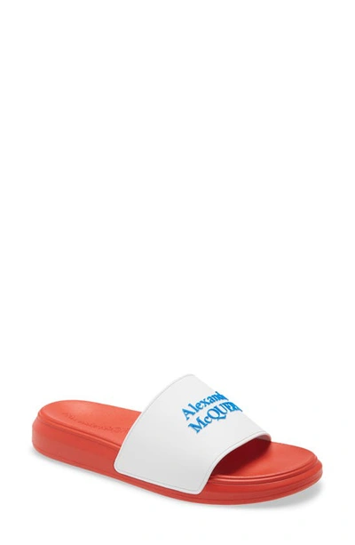 Shop Alexander Mcqueen Hybrid Logo Slide Sandal In Orange/ White/ Blue