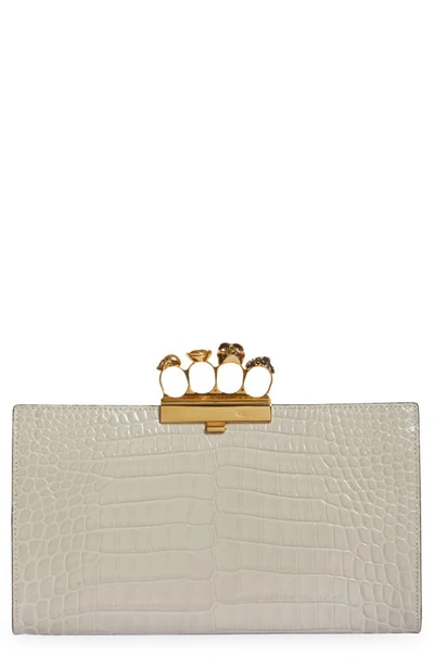 Shop Alexander Mcqueen Four-ring Knuckle Clasp Croc Embossed Leather Clutch In Grey