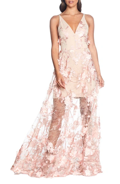 Shop Dress The Population Sidney Deep V-neck 3d Lace Gown In Blush