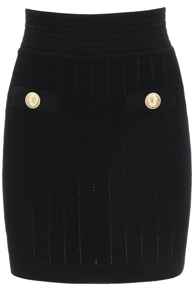 Shop Balmain Knit Mini Skirt With Golden Buttons In Black (black)