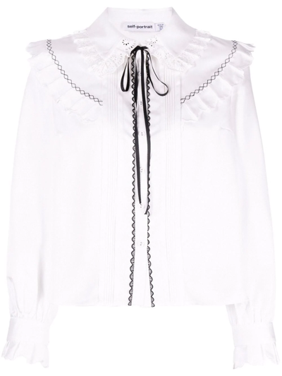 Shop Self-portrait Tie-neck Lace Blouse In White