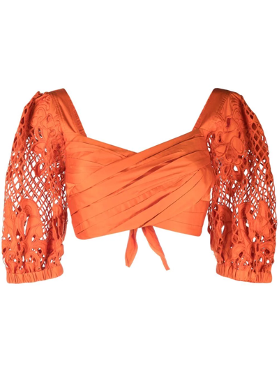 Shop Self-portrait Lace Puff-sleeves Crossover Cropped Top In Orange