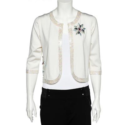 Pre-owned Versace Jeans Couture White Silk Knit Sequin Embellished Open Front Shrug L