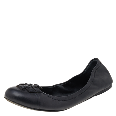 Pre-owned Tory Burch Black Leather Ballet Flats Size 39.5
