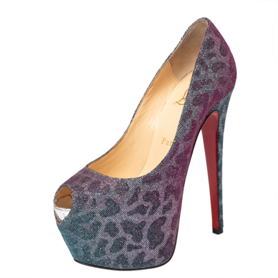 Pre-owned Christian Louboutin Multicolor Leopard Print Lurex Highness Peep Toe Platform Pumps Size 36.5