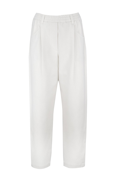 Shop Brunello Cucinelli Cream White Cropped Straight-leg Trousers