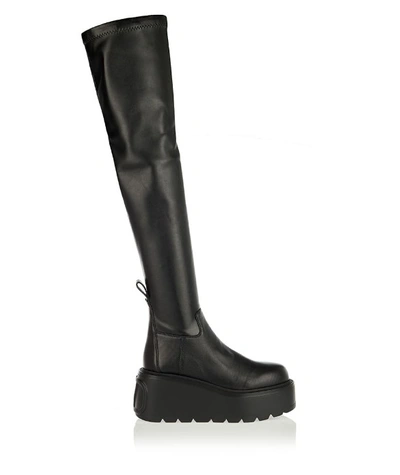 Shop Valentino Black Uniqueform Flatform Thigh-high Boots