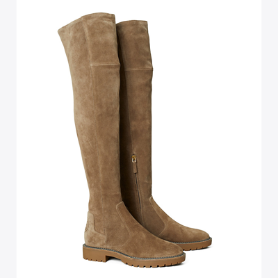 Shop Tory Burch Miller Suede Lug Sole Over-the-knee Boot In River Rock