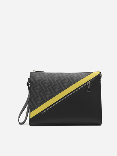 Shop Fendi Cotton Clutch With Ff Motif And Leather Inserts In Black