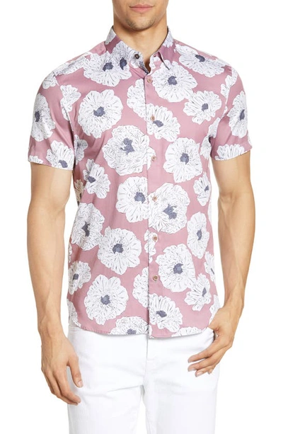 Shop Ted Baker Leave Slim Fit Flower Print Short Sleeve Button-down Shirt In Lilac