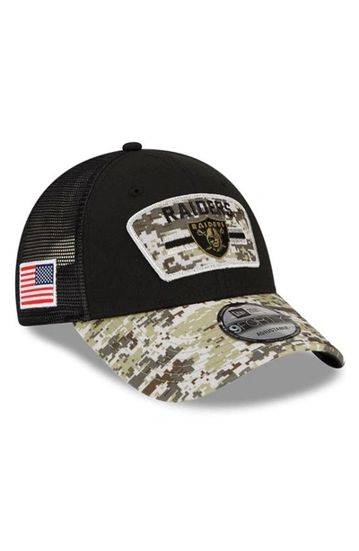 Shop New Era Black/camo Las Vegas Raiders 2021 Salute To Service Trucker 9forty Snapback Adjustable Hat