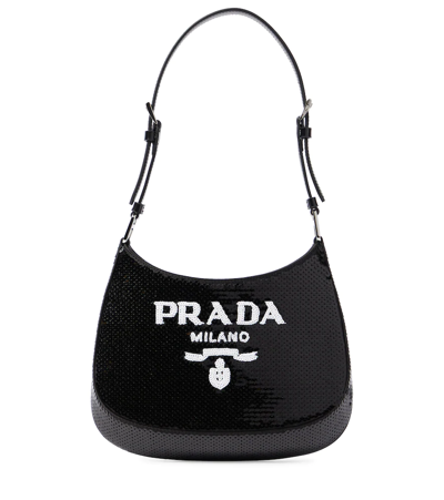 Prada Cleo Small Sequined Shoulder Bag In Nero+bianco