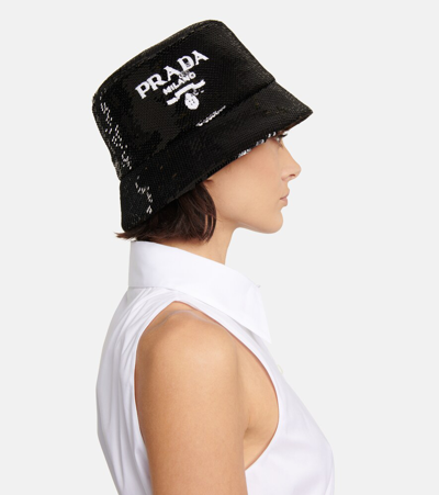 Prada Cappello Da Pescatore In Paillettes Nere Donna In Nero+bianco