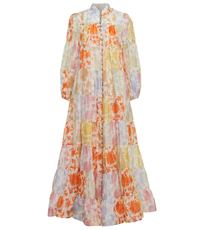 Shop Zimmermann Postcard Lantern Linen-blend Maxi Dress In Patchwork Tonal Floral