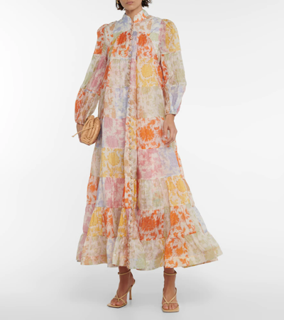 Shop Zimmermann Postcard Lantern Linen-blend Maxi Dress In Patchwork Tonal Floral