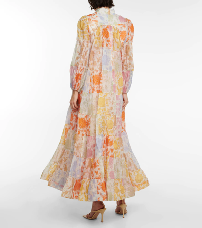 Shop Zimmermann Postcard Lantern Linen-blend Maxi Dress In Patchwork Tonal Floral