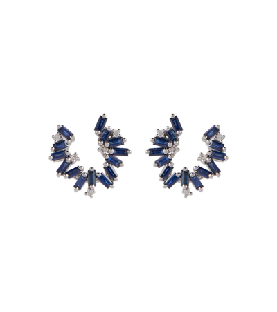 Shop Suzanne Kalan 18kt White Gold Earrings With Diamonds And Sapphires In Dark Blue